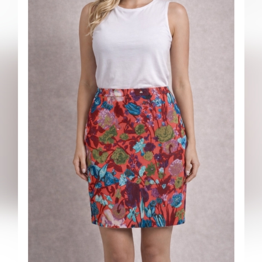 J.Crew Floral Pencil Skirt Size 2 Coral Orange Blue Print NWOT